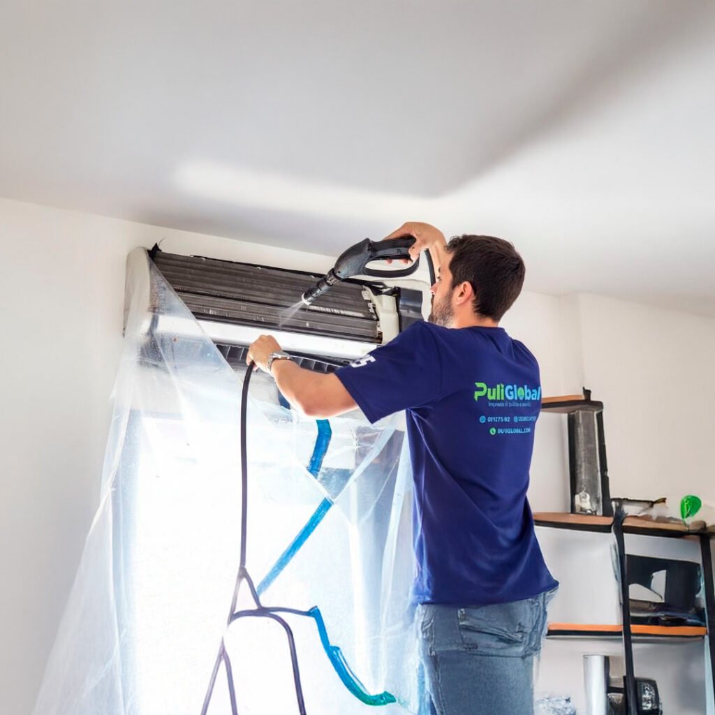 Sanificazione professionale di un condizionatore effettuata da Puliglobal per garantire aria pulita e igienizzata.